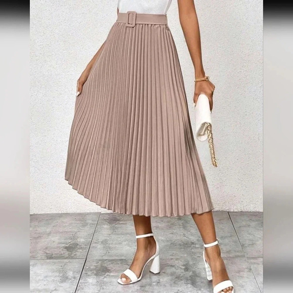 Solid Belted Pleated Skirt - Picture 1 of 5